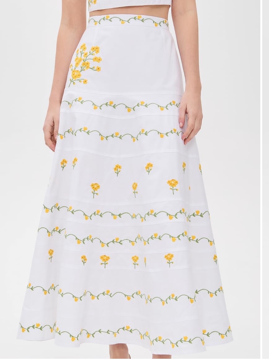 Nwt Fanm Mon White Maxi Skirt With Yellow Floral Embroidery